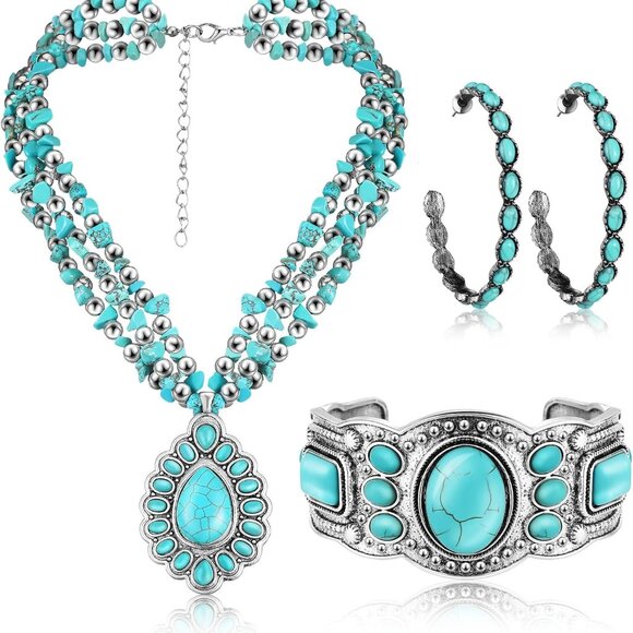 Jewelry - Elegant 3-Piece Turquoise Jewelry Set for Women: Choker, Bracelet & Earrings